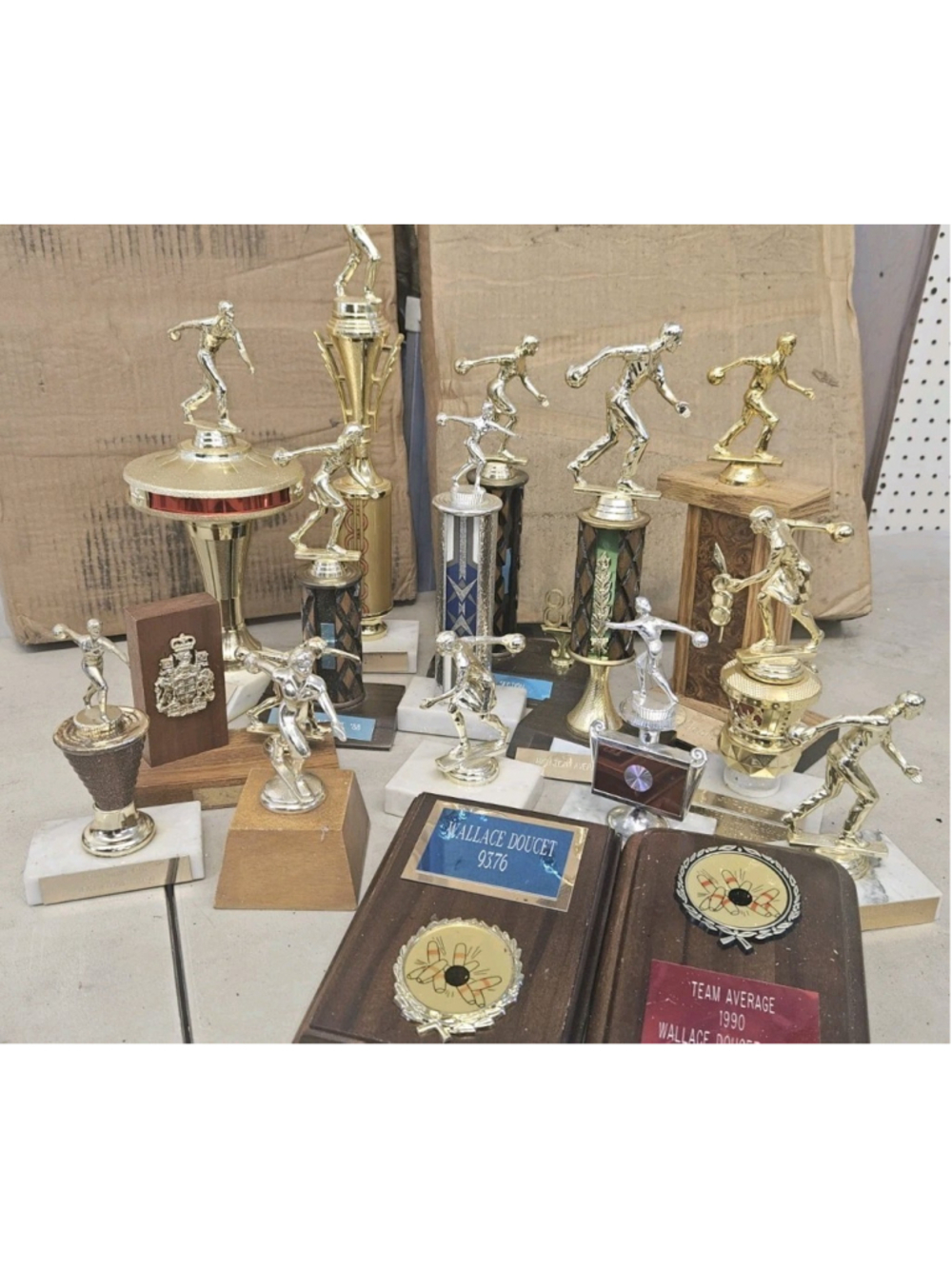 Vtge Bowling Trophy Lot Of 16 Gold Silver Metal Wood Plastic Marble His & Hers
